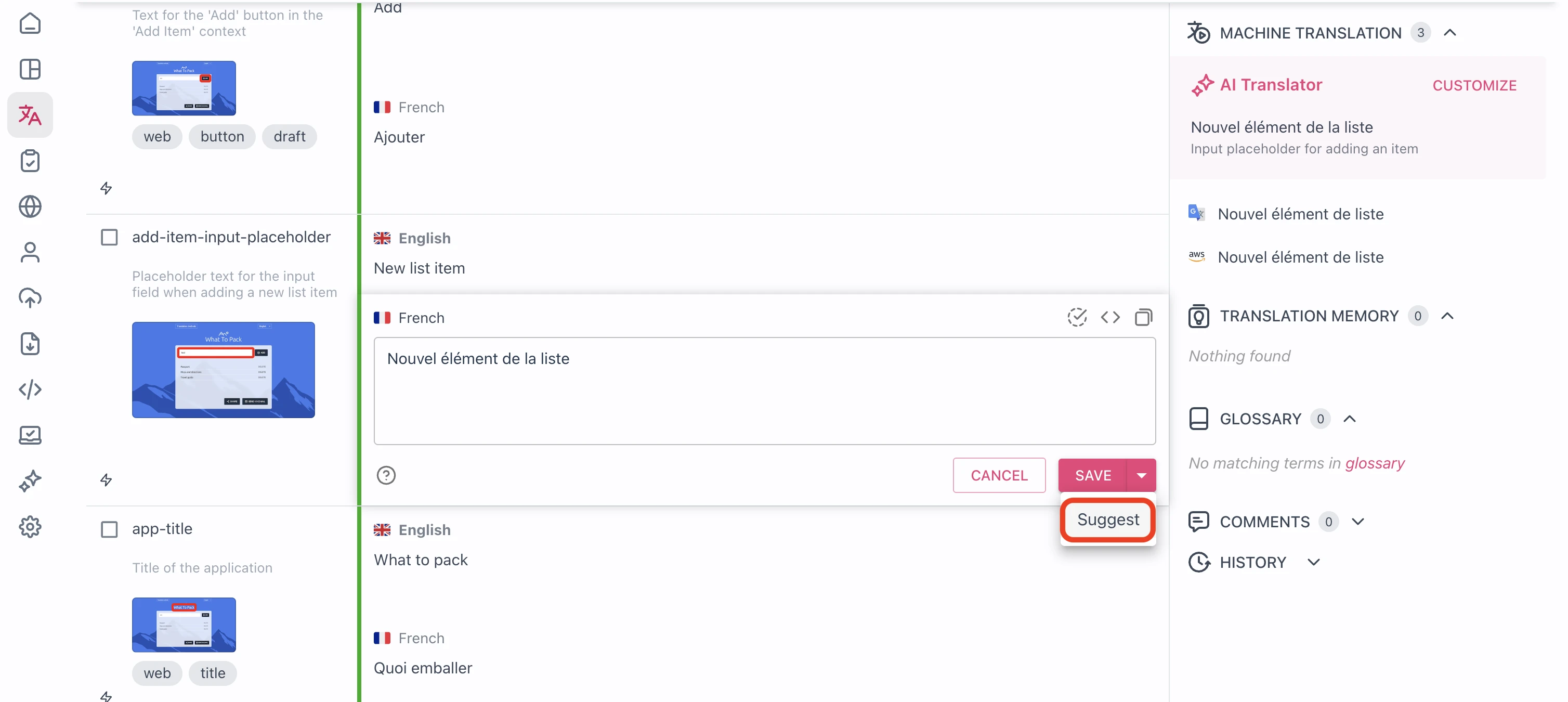 Adding suggestion via menu